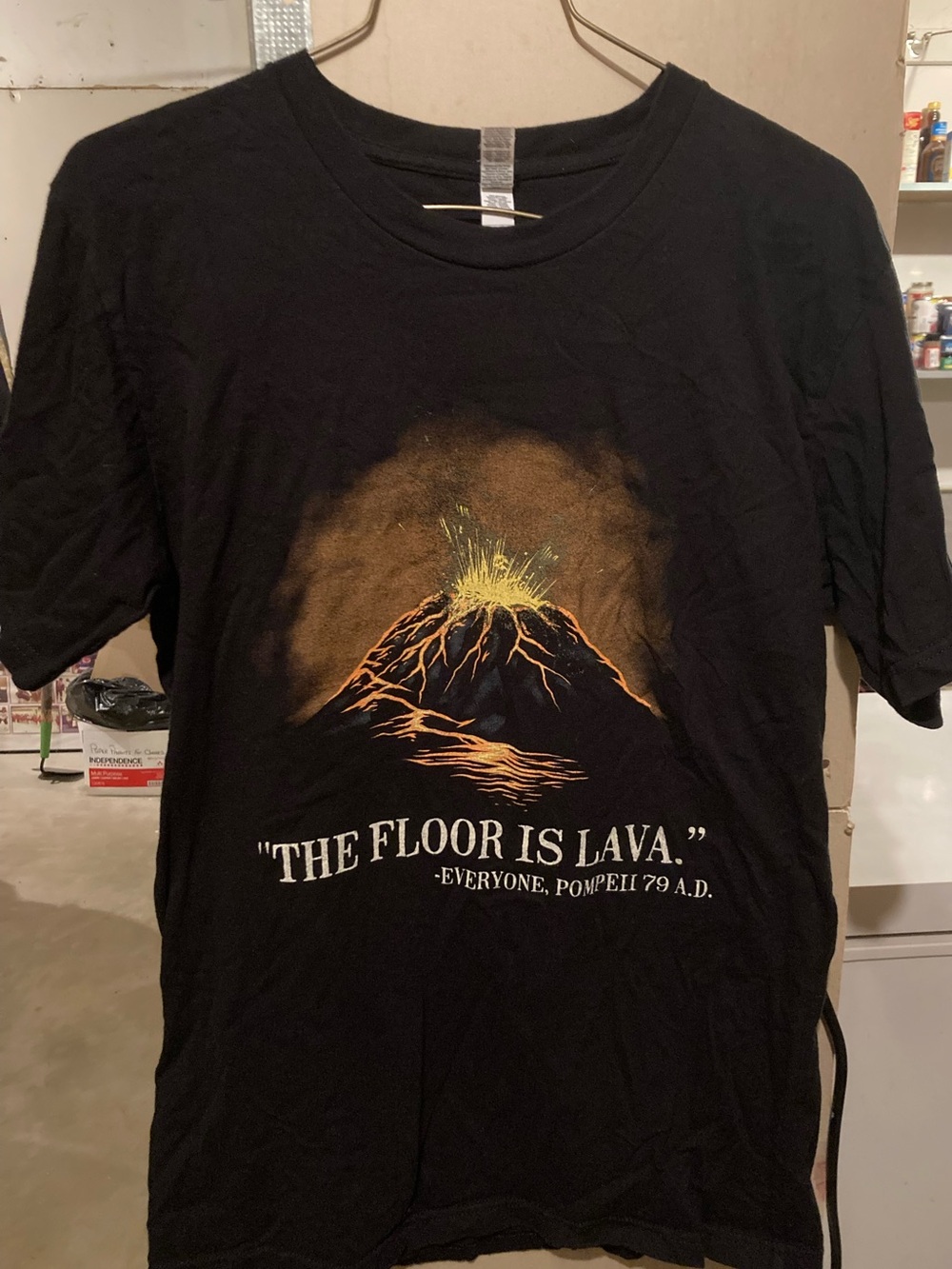 Black Graphic Tee with Volcano Illustration - The Floor Is Lava
